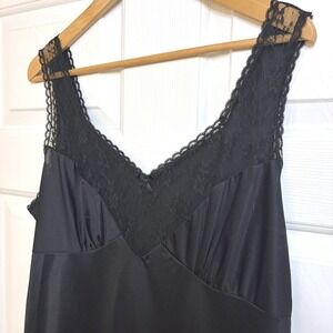 Vintage Bari Black Nylon Lace Trim Full Slip Dress Midi USA Made Size 42 XL